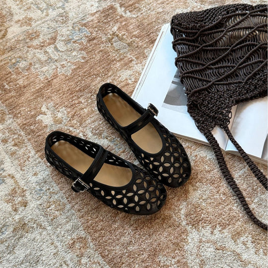 Damen Ballerinas mit dekorativem Lochmuster und bequemer Schnalle EB