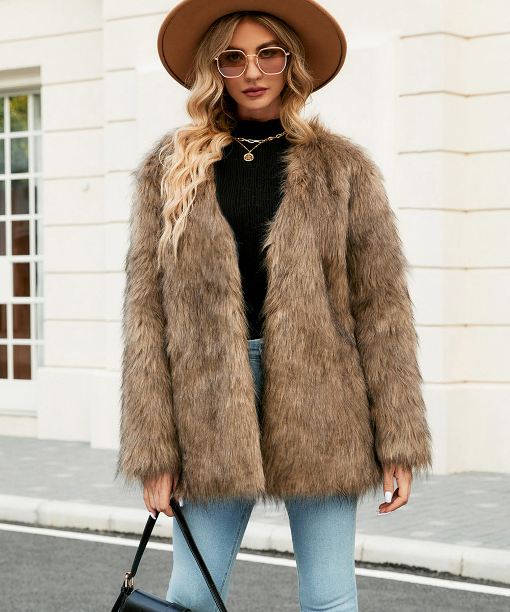 Damen Luxe Kunstfelljacke mit offenem Kragen EB