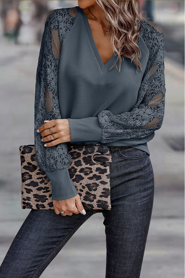 Damen V-Ausschnitt Pullover mit Spitzen-Details EB