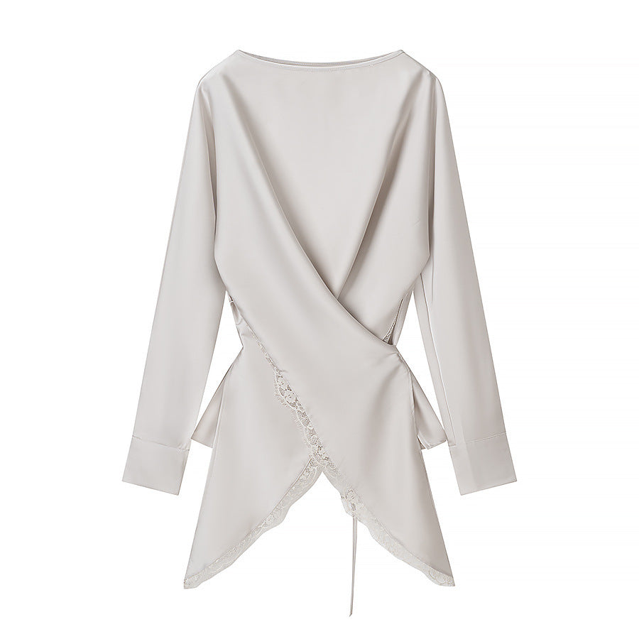 Damen elegante Wickelbluse mit Spitzenbesatz und passendem Rock EB