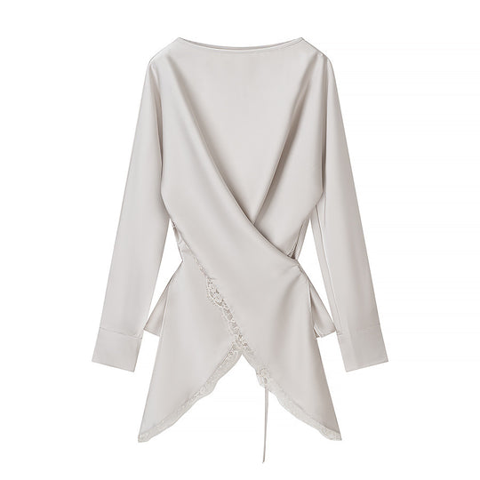 Damen elegante Wickelbluse mit Spitzenbesatz und passendem Rock EB