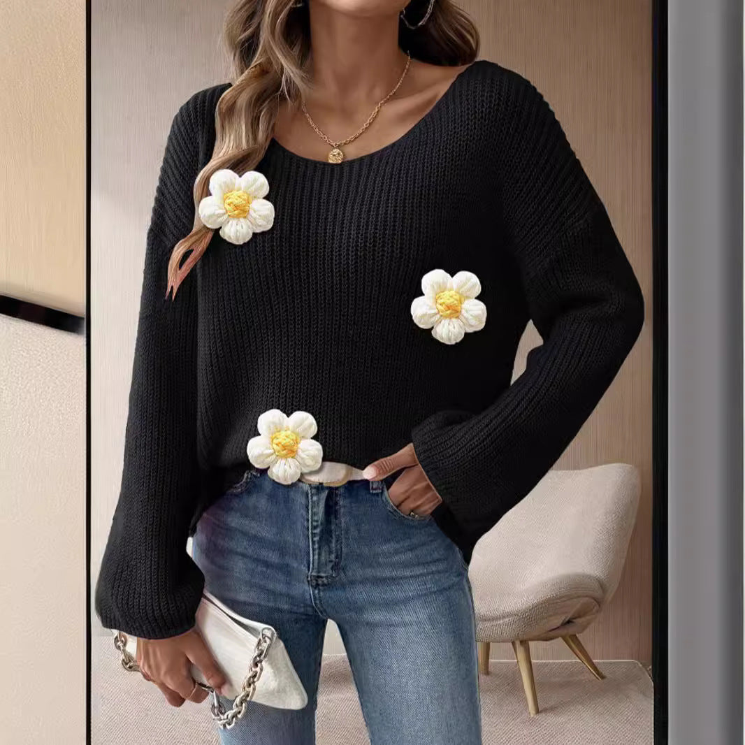 Damen Strickpullover mit verspielten Blumenapplikationen EB