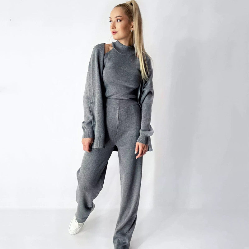 Damen elegantes Strick-Lounge-Set mit hohem Kragen und weiter Passform EB