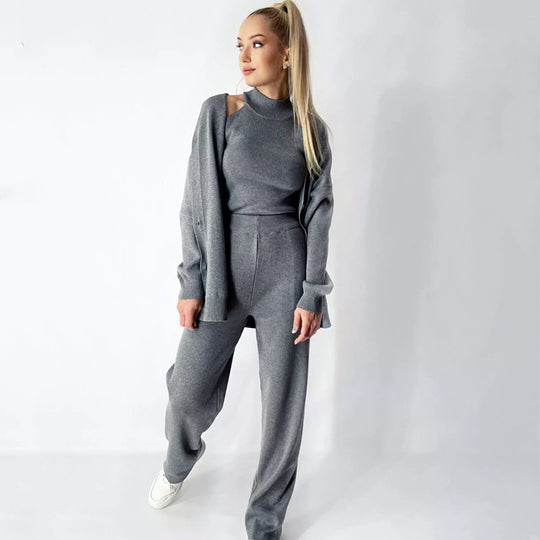 Damen elegantes Strick-Lounge-Set mit hohem Kragen und weiter Passform EB