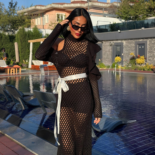Damen schulterfreies Netzkleid mit eleganten Rüschen EB