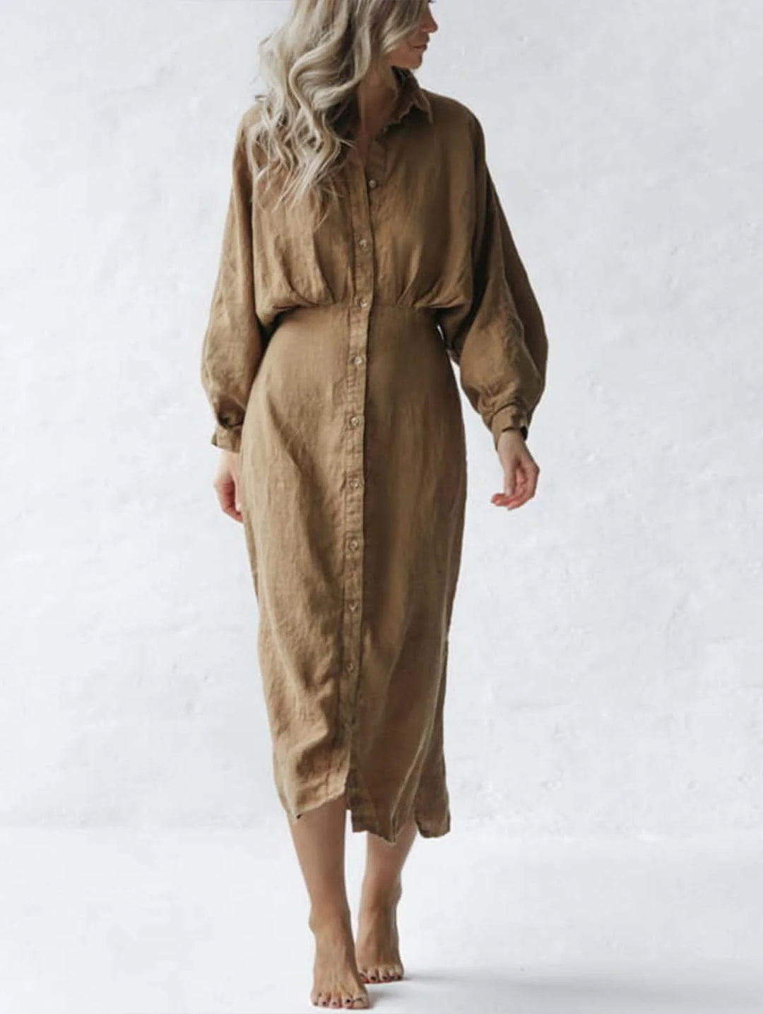 Damen Langarm-Hemdblusenkleid mit eleganten Puffärmeln EB