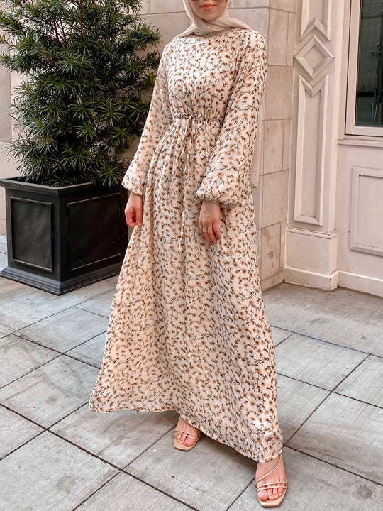 Damen Geblümtes Maxikleid mit Kordel-Taille und Ballonärmeln EB
