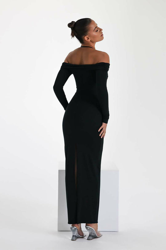 Damen Maxi-Kleid mit Off-Shoulder Design und elegantem Schlitz EB