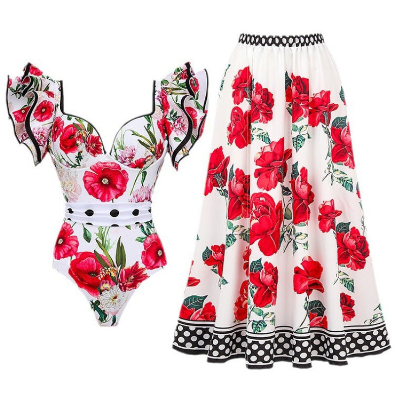 Damen Badeanzug mit Rüschendetails und floralem Überrock EB