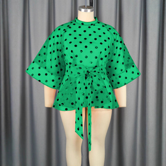 Damen Chiffonbluse mit gepunktetem Design und elegantem Taillengürtel EB