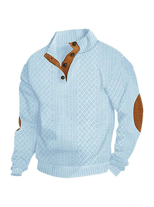 Herren nan Grobgestrickter Pullover mit Ellbogenpatches, Stehkragen und Knopfleiste EB