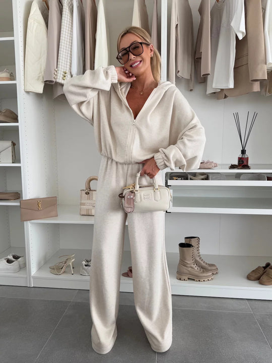Damen eleganter Fleece-Jumpsuit mit hohem Kragen und durchgehendem Reißverschluss EB