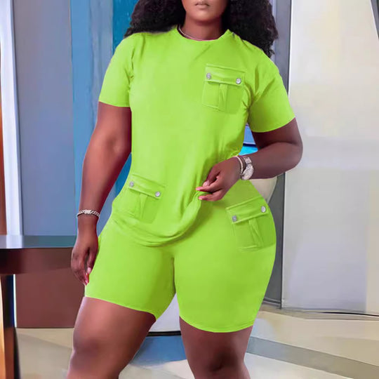 Damen Sportliches Oberteil und Shorts Set mit praktischen Taschen EB