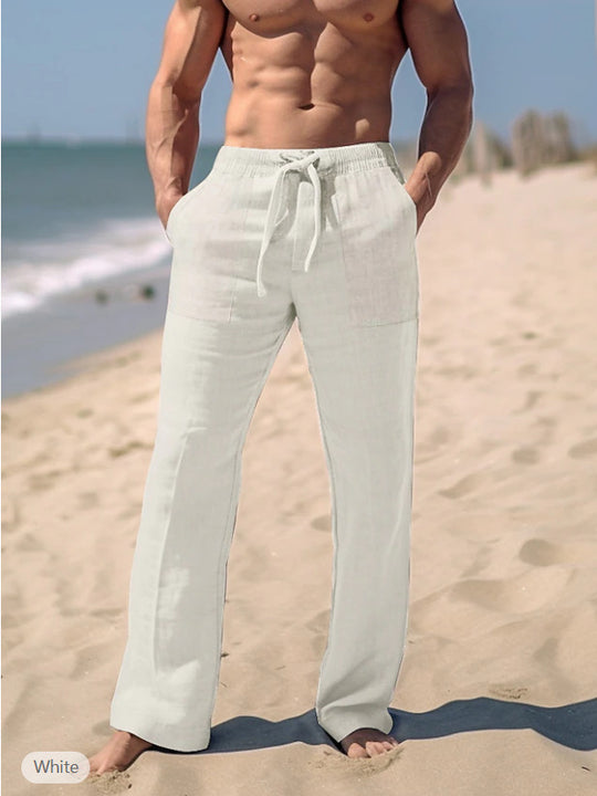Herren nan weite Resort-Freizeithose im Palazzo-Stil aus Leinenmix mit Tunnelzug und seitlichen Eingrifftaschen Eichborn Berlin