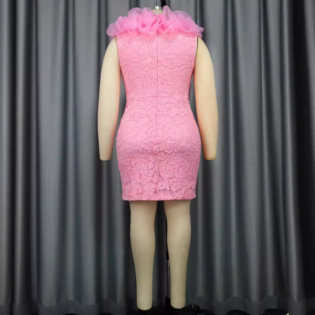 Damen Minimal Kleid mit luxuriöser Spitzenstickerei und Rüschen EB