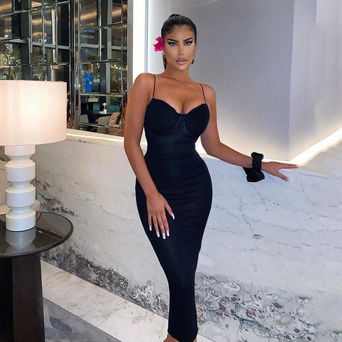 Damen figurbetontes Midi-Kleid mit Spaghettiträgern und Raffungen EB