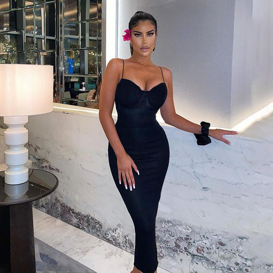 Damen Figurbetontes Midi-Kleid mit Trägern und Körbchen EB