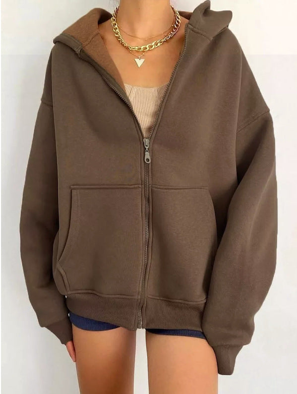 Damen nan minimalistisches French-Terry Zip-Hoodie mit durchgehendem Reißverschluss, Kängurutasche und Daumenloch-Ärmeln EB