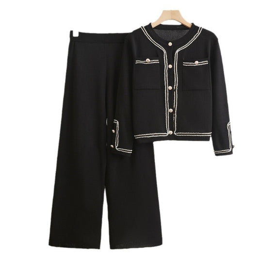Damen elegantes Zweiteiler-Set mit strukturiertem Blazer und weitem Hosen EB