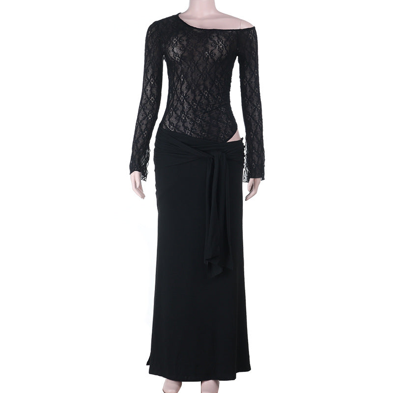 Damen eleganter Spitzen-Bodysuit mit schickem langen Rock EB