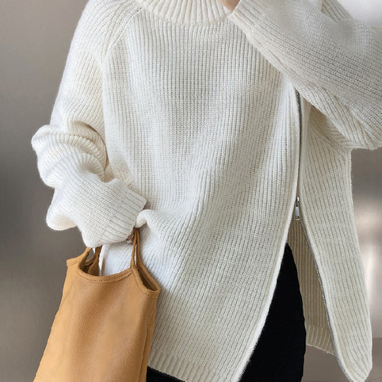 Damen lässiger Strickpullover mit seitlichem Reißverschluss und hohem Kragen EB