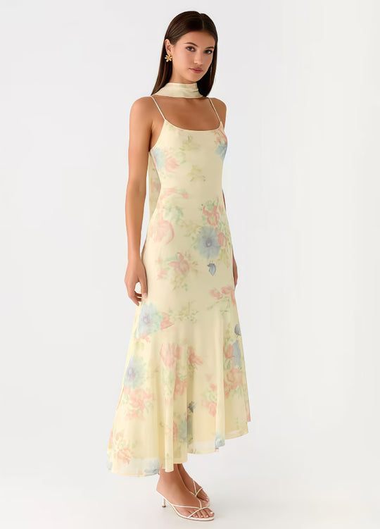 Damen Elegantes Maxikleid mit blumigem Chiffon-Design und Neckholder-Ausschnitt EB