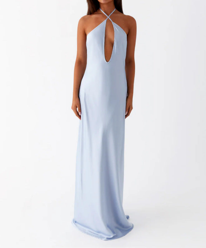 Damen Maxikleid mit tiefem V-Ausschnitt und eleganter Rückenansicht EB