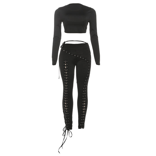 Damen Crop-Top und Hoch geschnittene Leggings mit Schnürdetails EB