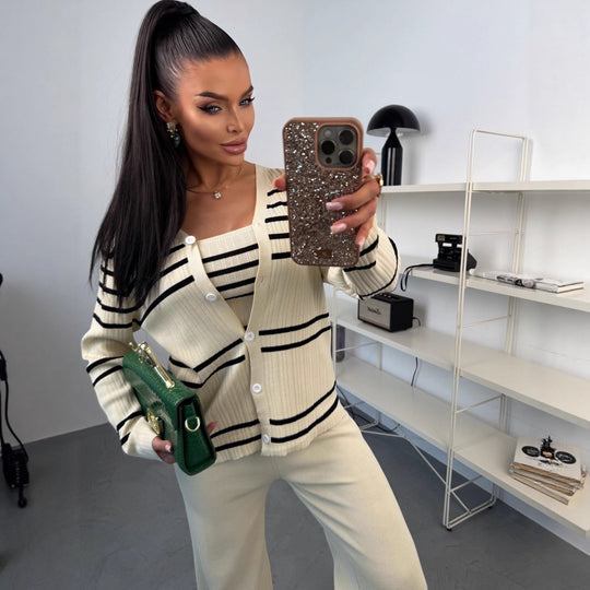 Damen Strick-Loungewear-Set aus Feinripp mit Button-Cardigan, Spaghetti-Top und weitem Jogger EB