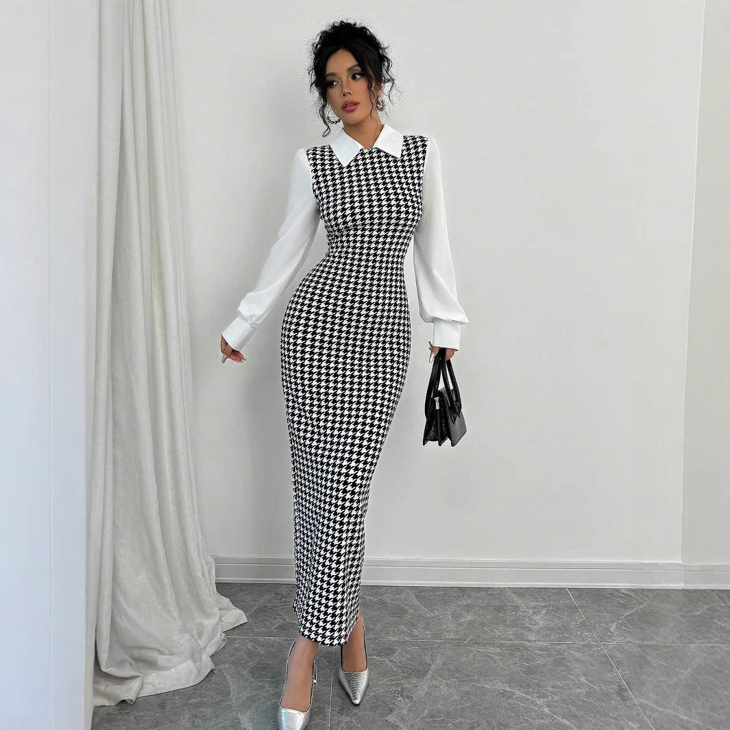 Damen elegantes Midirkleid mit glänzenden Puffärmeln EB