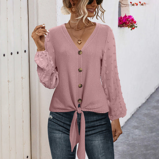 Damen modisches Blusenshirt mit Knopfdetails und voluminösen Ärmeln EB
