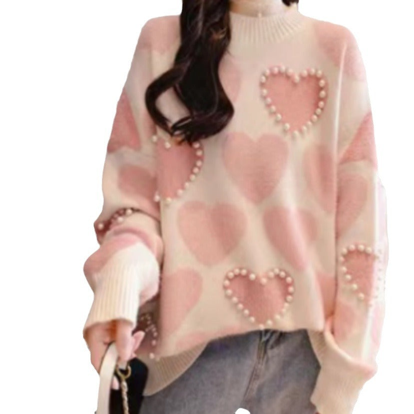 Damen Gemusterter Strickpullover mit Herz-Applikationen und Rippkragen EB