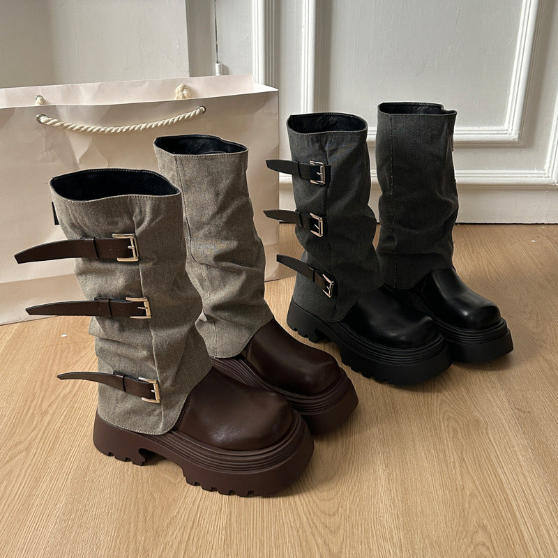 Damen Boots mit modischer Schnallenverzierung und robustem Plateau-Heel EB