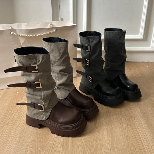 Damen Boots mit modischer Schnallenverzierung und robustem Plateau-Heel EB