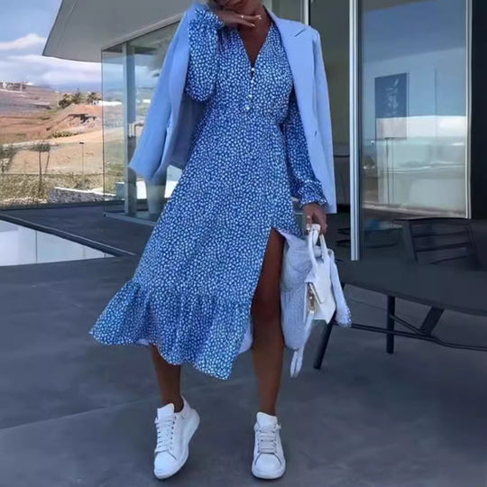 Damen Freizeitkleid mit Rüschensaum und Knopfdetails Heidi-Mode