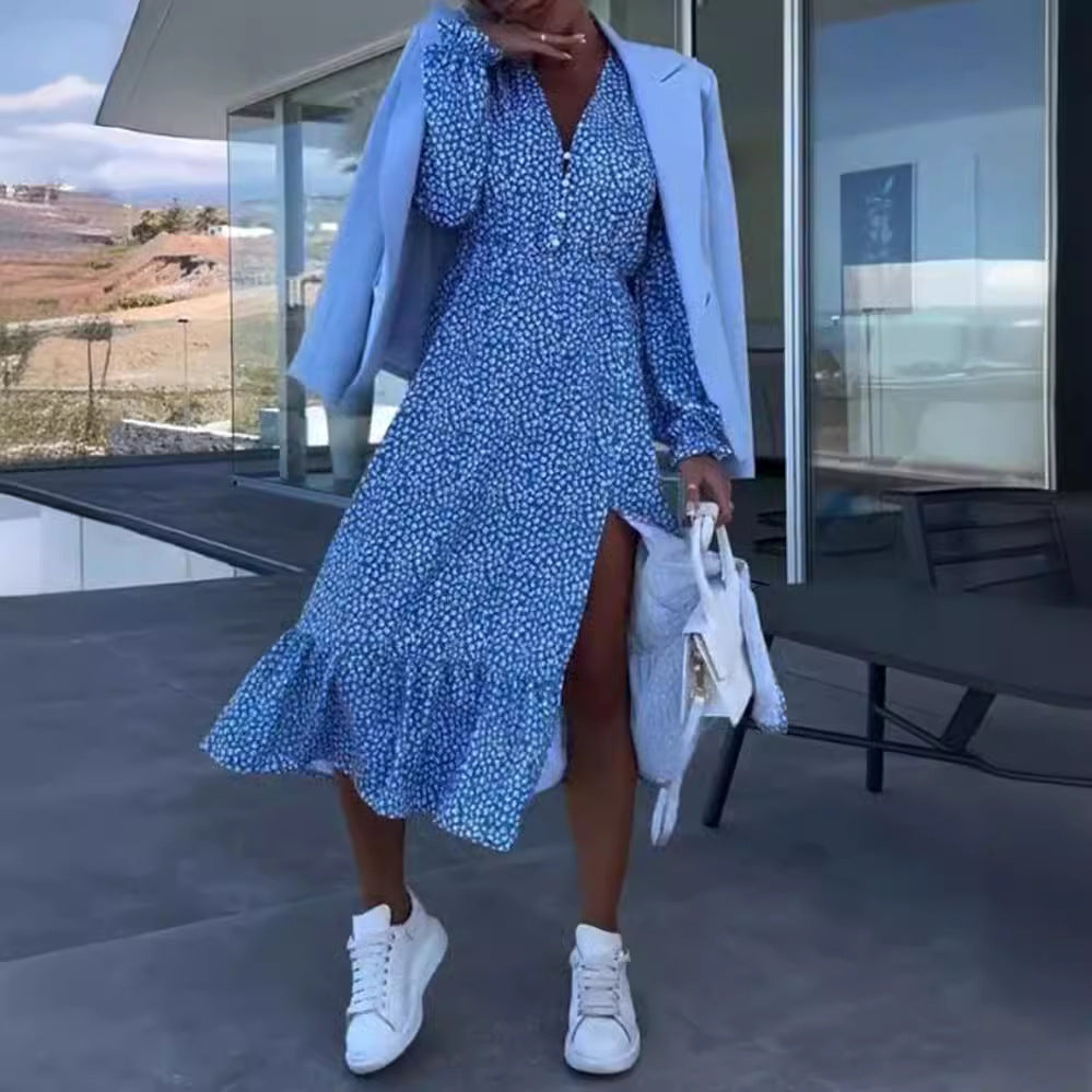 Damen nan Midikleid mit V-Ausschnitt geraffter Taillennaht langen Ärmeln Volant-Saum und seitlichem Beinschlitz EB