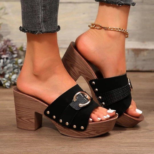 Damen Plattform-Sandalen mit modischem Schnallen-Design und Holzoptik EB