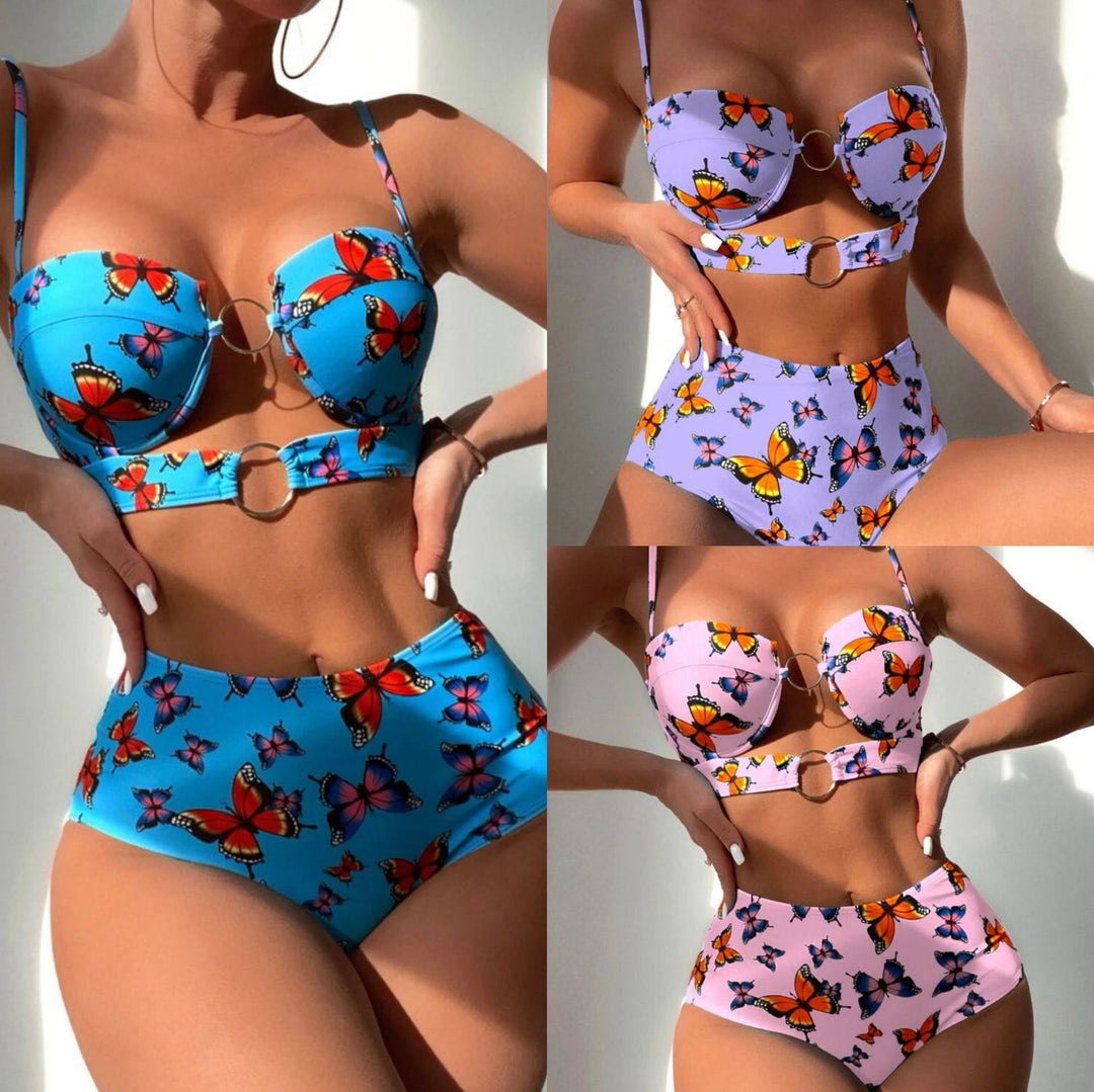 Damen Push-Up Bikini mit floralen Schmetterlingsmotiven EB