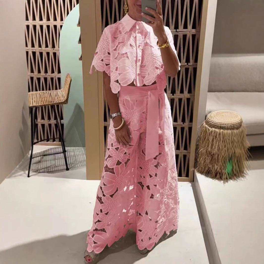 Damen Set im modernen Blumendesign mit cropped Bluse und Maxi-Rock Heidi-Mode