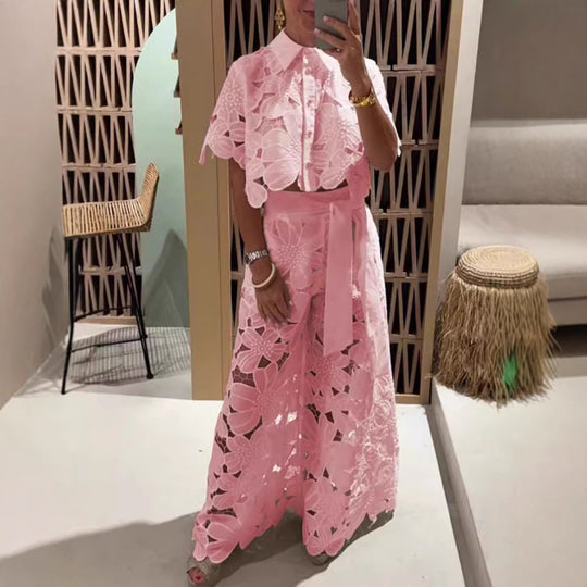 Damen Set im modernen Blumendesign mit cropped Bluse und Maxi-Rock Heidi-Mode