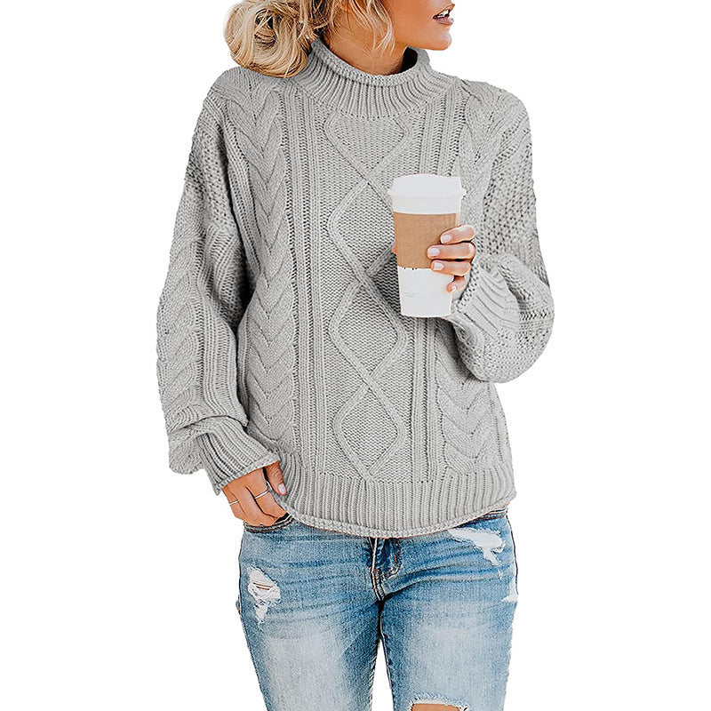Damen Grobstrickpullover mit hohem Kragen und Zopfmuster EB