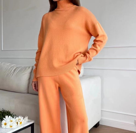 Damen Lässiges Strickset mit hohem Kragen und weitem Bein EB