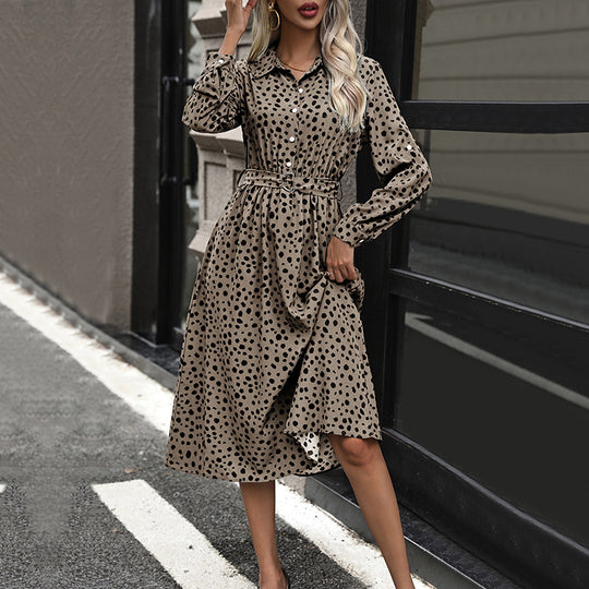 Damen Midi-Kleid mit punktiertem Muster und tailliertem Gürtel EB
