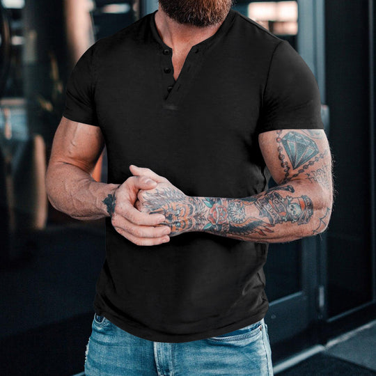 Herren Kurzarm-Henley-T-Shirt aus atmungsaktiver Baumwolle mit dekorativer Knopfleiste EB