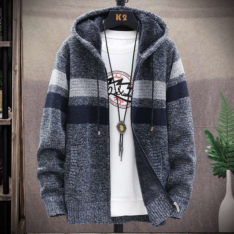 Herren modische Strickjacke mit Kapuze und gestreiftem Design EB