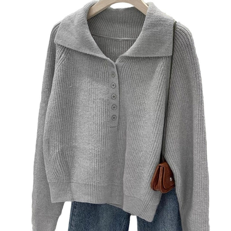 Damen Strickpullover mit Kragen und Knopfleiste EB