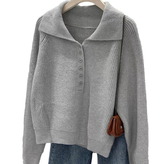 Damen Strickpullover mit Kragen und Knopfleiste EB