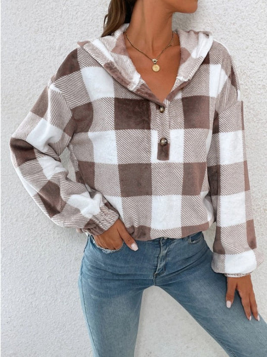 Damen Übergroßer Karierter Flanellpullover mit Kapuze EB