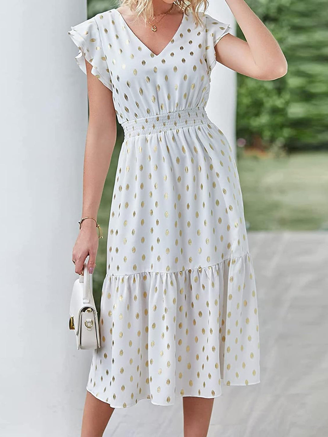 Damen Maxikleid mit Rüschendetails und schimmerndem Punktmuster EB