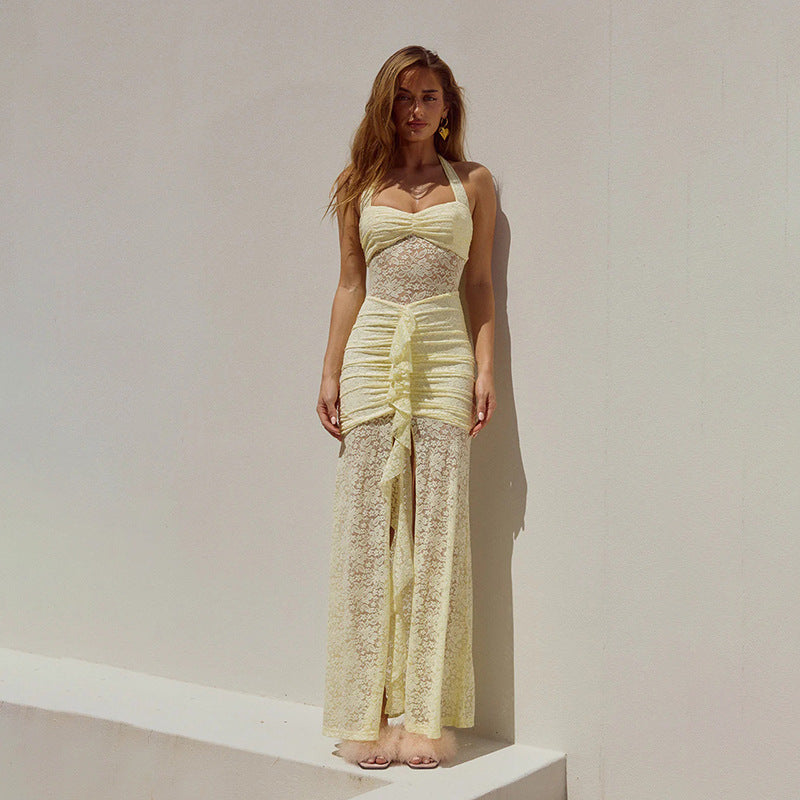 Damen Spitzen-Maxikleid mit raffiniertem Wickeldesign EB